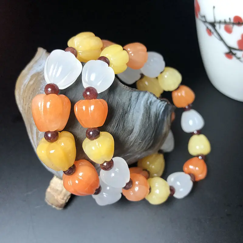 

Genuine Natural Colorful Jade Bracelet Women Fine Jewelry Real Chinese Golden Silk Jade Pumpkin Beads Elastic Beaded Bracelets