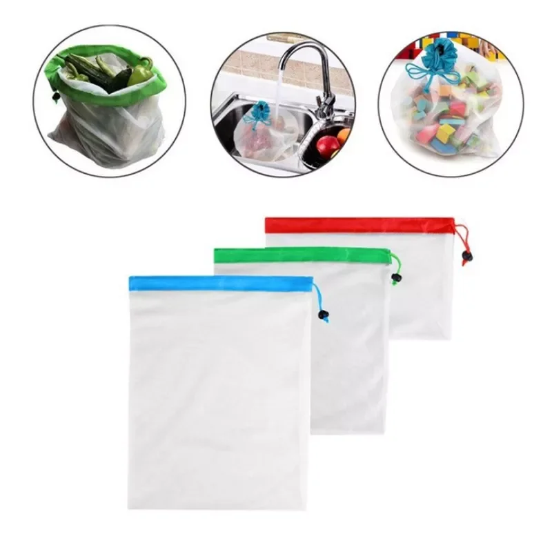 

New 3PCS Reusable Bags for Vegetables Fruit Net Bag Produce Washable Mesh Bag Food Storage String Bag Eco Friendly Kitchen Organ