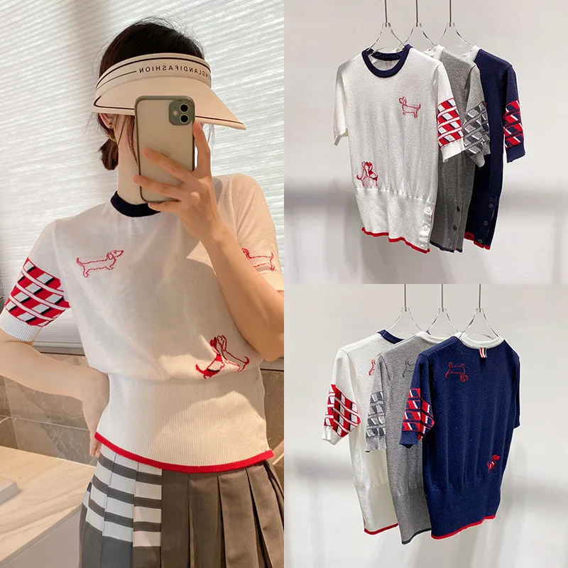 

High Quality Korean Fashion TB Four-bar Top 2023 Summer Puppy Embroidery Contrast Round Neck Short-sleeved Wool Sweater