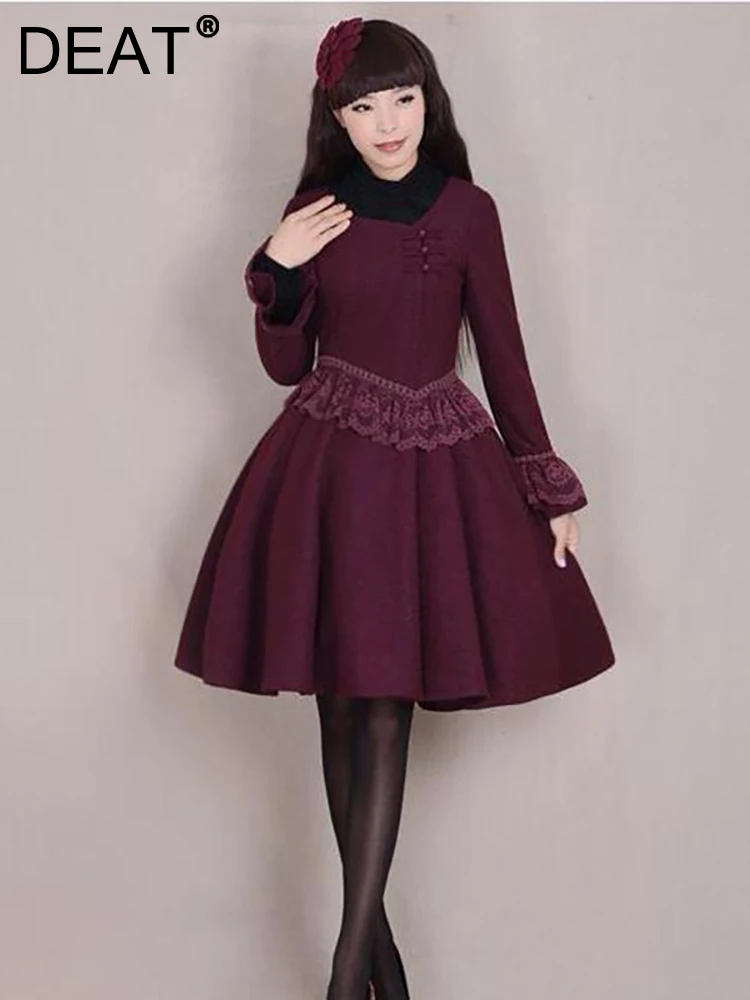 

DEAT Women's Fashion Dress O-neck Long Sleeve Patchwork Lace High Waist Pleated Button Elegant Dresses Autumn 2023 New 13DB2901