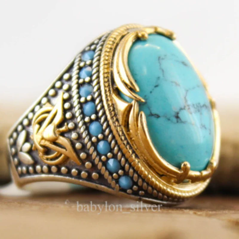 

Hot sale inlaid natural Turquoise exaggerated ring European and American fashion popular personalized ring