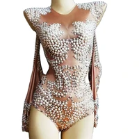 white pearls women pole dancing stage wear sparkly rhinestones nightclub costumes evening prom off shoulder long sleeve jumpsuit