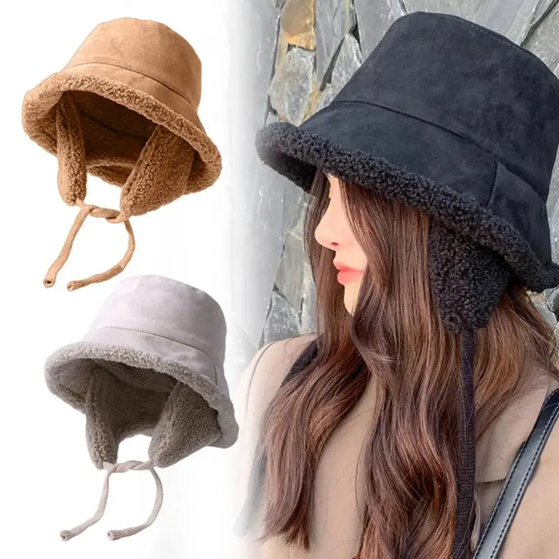 

Warm Bucket Hats Women's Bucket Hat Outdoor With Ear Protection Plush Fisherman Cap For Women Men Teens Girls Warm Cloche Hats
