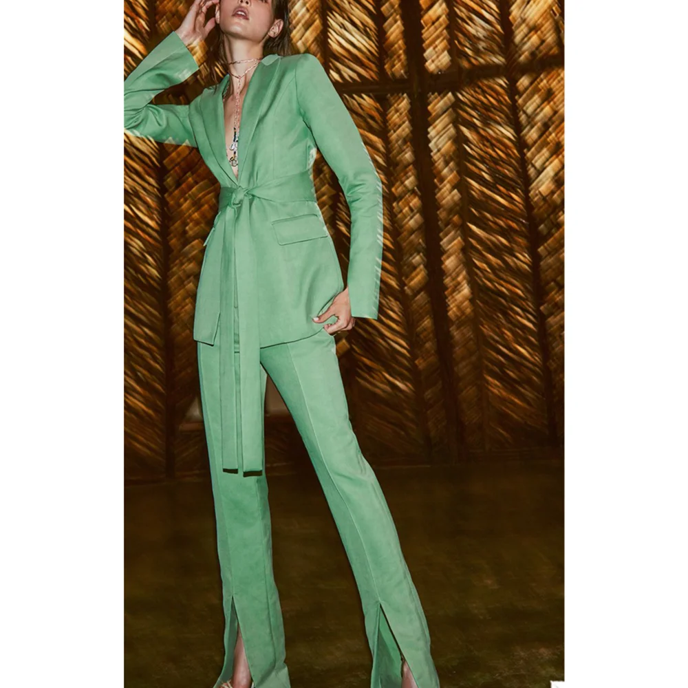 Fashion Green Women Suits Peaked Lapel Blazer Custom Made With Belt Casual Daily Young Chic 2 Pieces Set Jacket+Pant