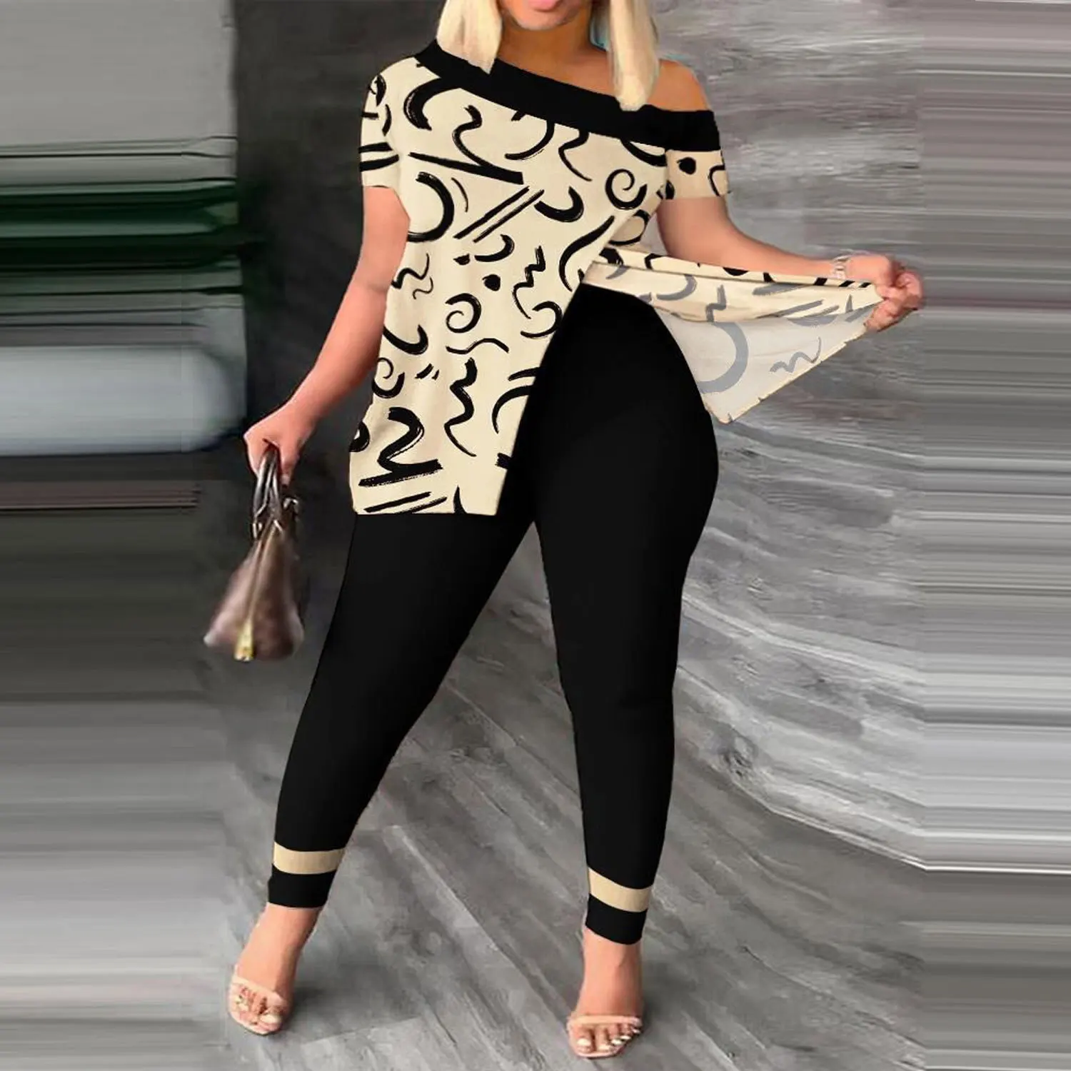

M.M Summer 2023 New Short-Sleeved 9 Pants Two-Piece Suit Color Slant Shoulder Multi-Color Slit Slim Street K2748