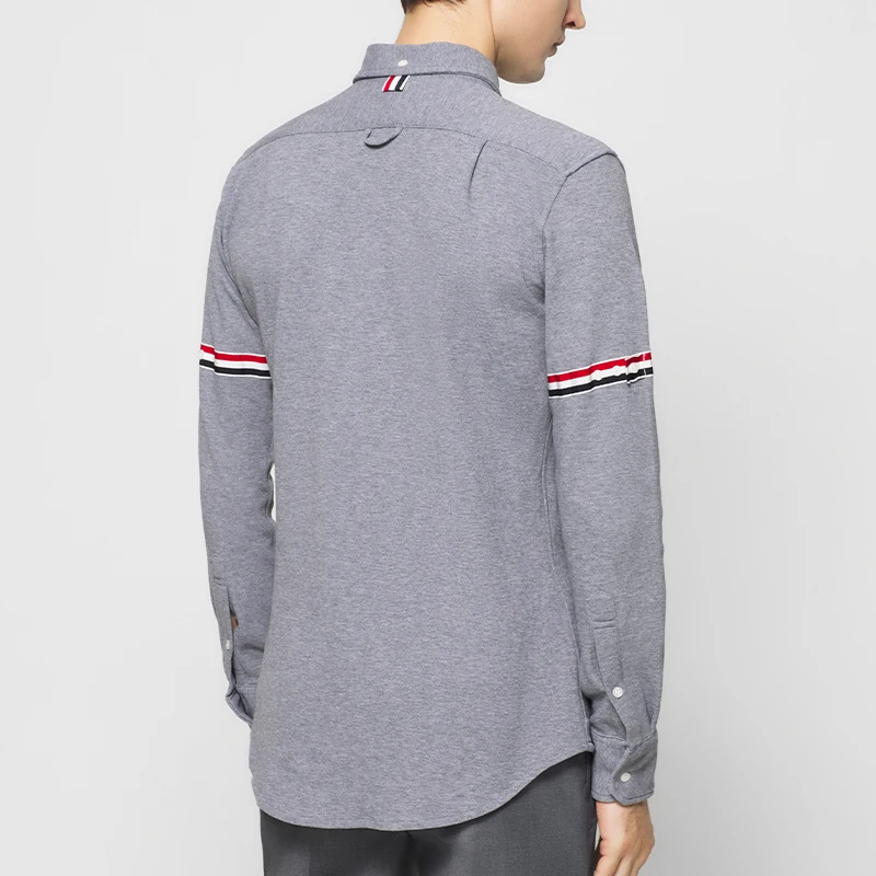 TB THOM Men's Shirt Clothing Fashion Brand Striped Armband Slim Casual Men's Clothing Cotton PIQUE Long Sleeve Women's Shirts