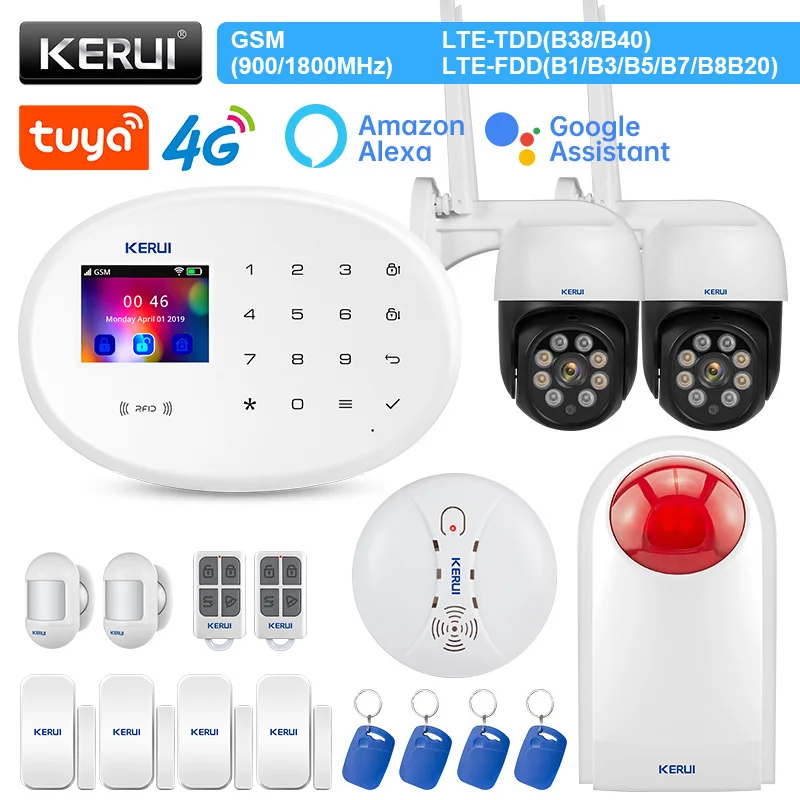 KERUI-sistema de alarma 4G GSM WIFI W204, alarma de garaje, Sensor de movimiento Alexa, tarjeta RFID, cámara IP para exteriores, sirena Flash