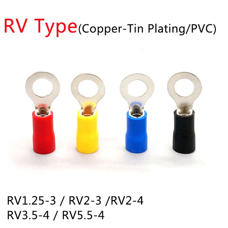 50pcs RV1.25-3 RV2-3 RV2-4 RV3.5-4 RV5.5-4 Wire Terminal Crimp Splice PVC Insulation Circular Round Cold Press Cable End Connect - купить по