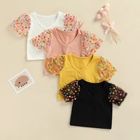 dots print v neck short puff sleeve tops kids t shirt baby girls pullover for summer 1 6 years camisetas tee fashion clothes
