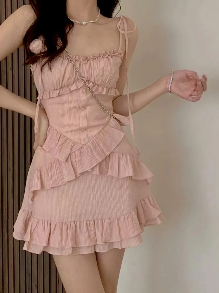

Deeptown Y2k Fairycore Pink Mini Dress Women Korean Style Kawaii Cute Ruffles Bandage Layered Bodycone Sleeveless Lolita Dresses