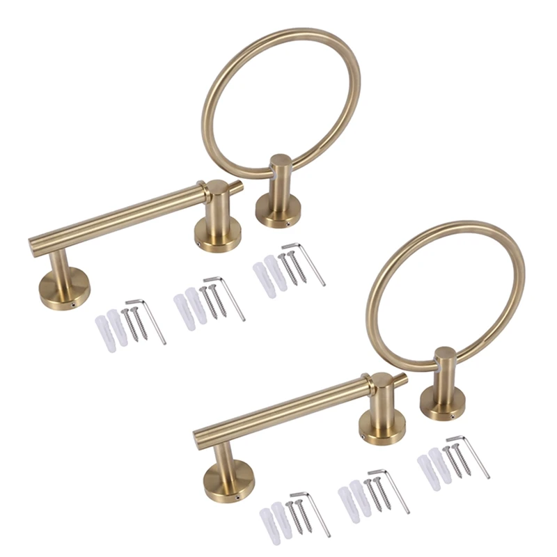 

Bathroom Hardware Accessories Set 6-Piece Gold Brushed Hardware Sets Towel Ring Robe Hook Hanger Stainless Steel