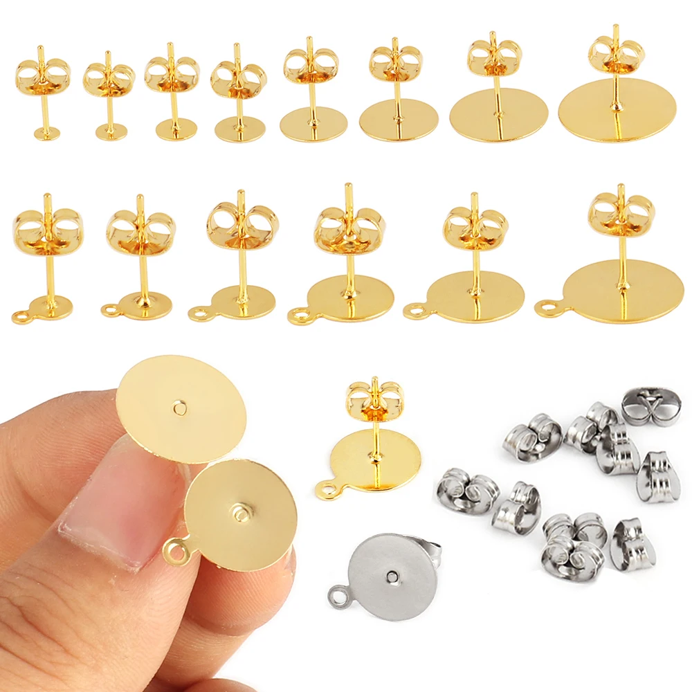 50-100pcs Gold Stainless Steel Blank Post Earrings Studs Base Pins With Earring Plug Findings Ear Back For DIY Jewelry Making