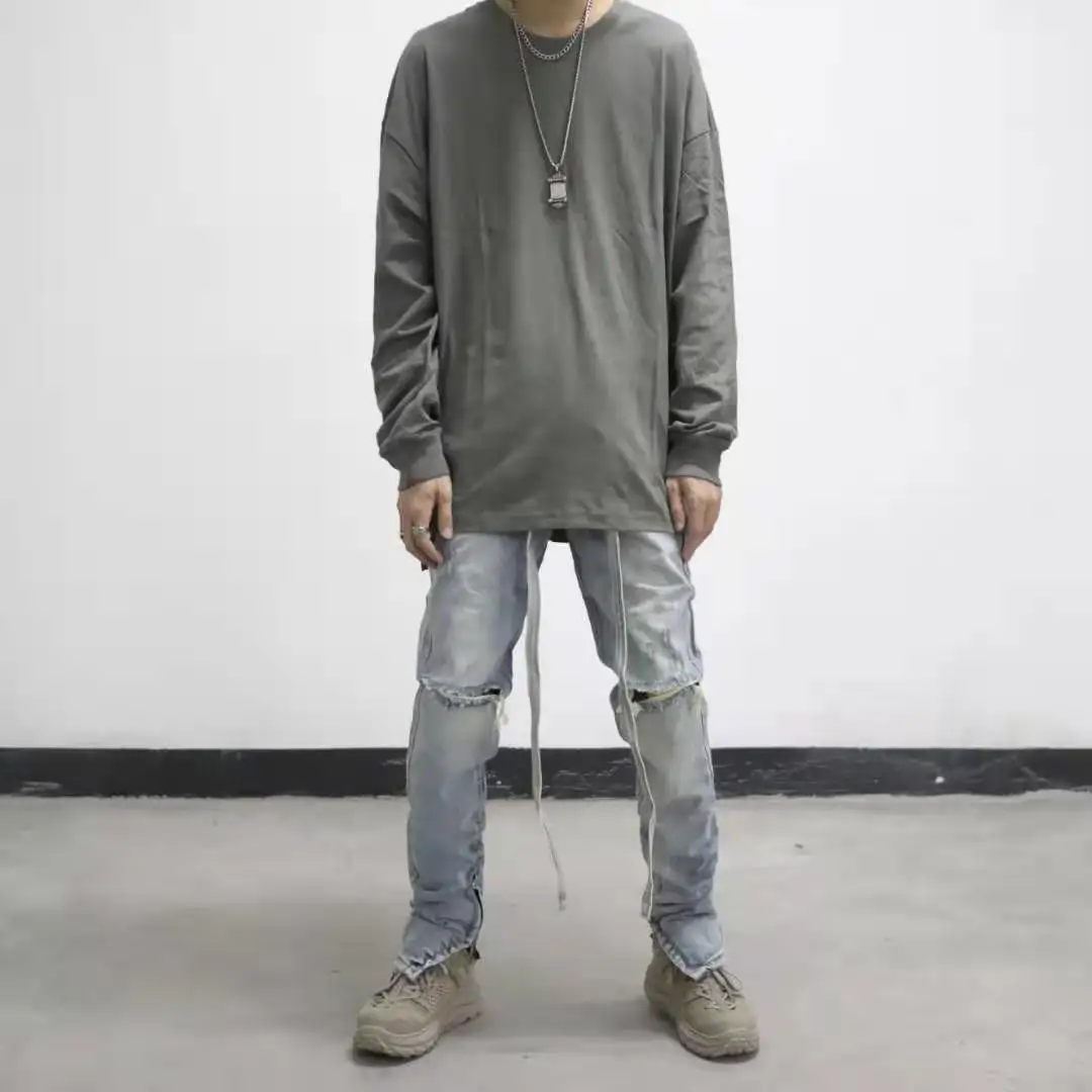 High Street Bieber with the same long streamer wash water to make old hole trousers zipper Korean fashion slim skinny jeans