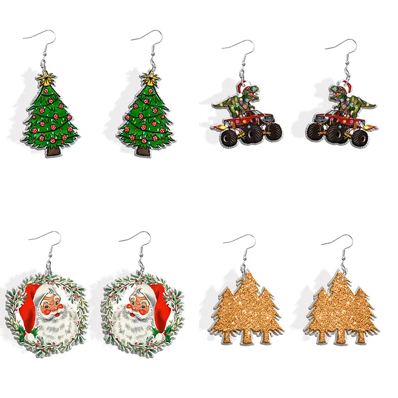 

Christmas Santa Tree Acrylic Charm Hook Earrings For Women Piercing Ear Drop Dangle Stainless Steel Jewelry M1030