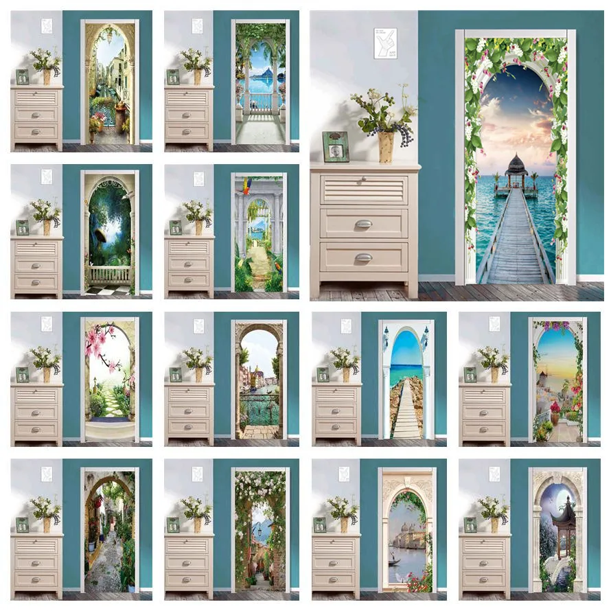 

Wreath Arch 3D Door Wallpaper Self-Stick Poster Vinyl Scenery Wall Sticker Corridor Room Decoration Mural Home Decor Accessories