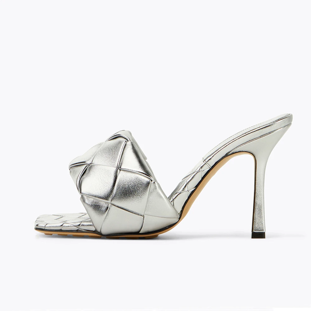 Women's Square Toe Cross Rhombus Weave Slippers Sexy Fashionable Stiletto High-Heel Sandals Dress Party Shoes Wedding Pumps