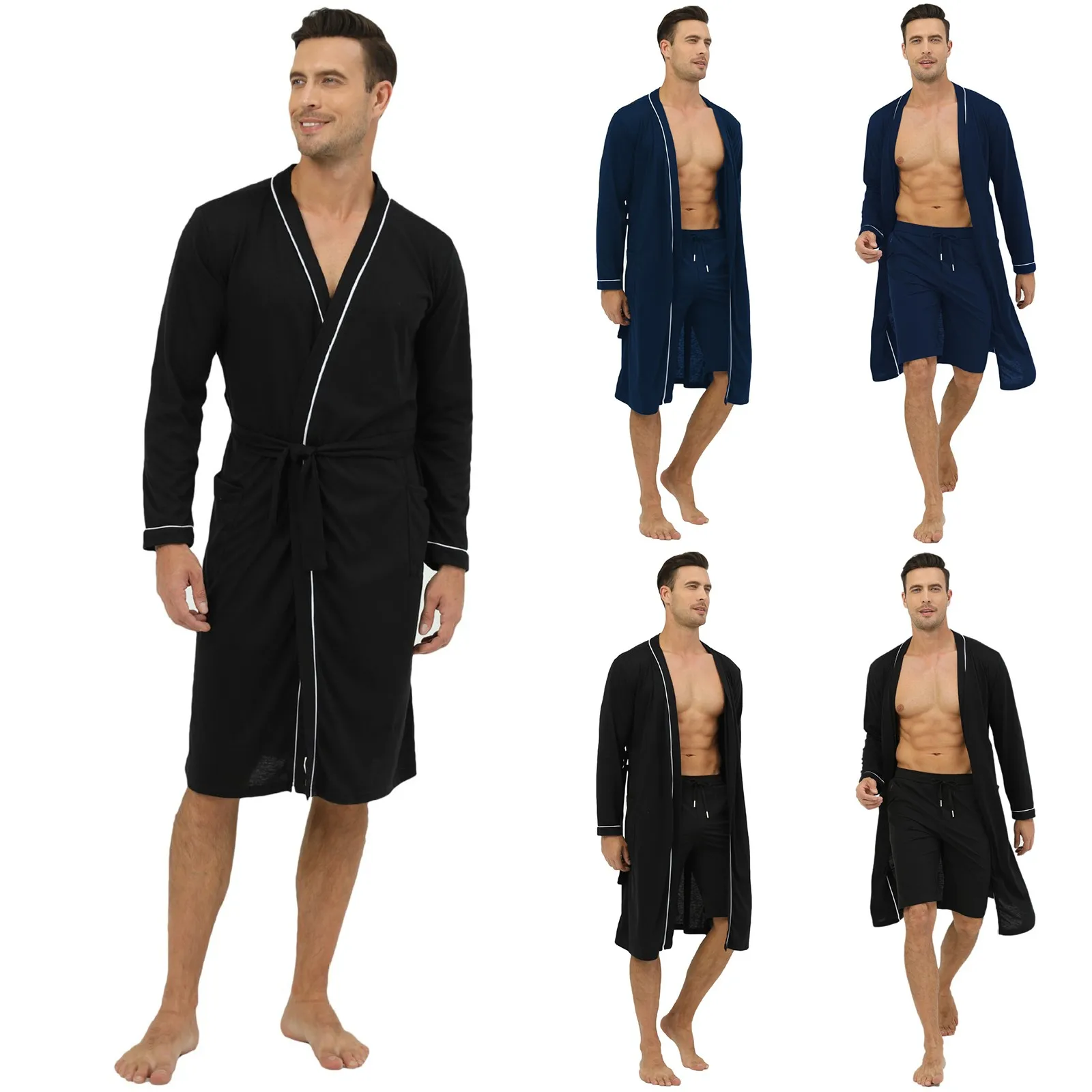 

Men's Solid Color Long-Sleeved Cardigan Mid-Length Sexy Night-Robe Pajamas Men's Robe European and American 2023 Home Wear