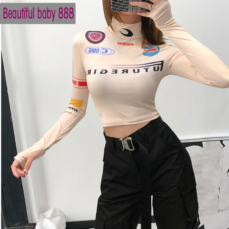 

2020 autumn Long-Sleeved Elastic Round Neck Tight Sports Shirt mujer Harajuku Basic printing tops Women Casual Fashion T-shirt