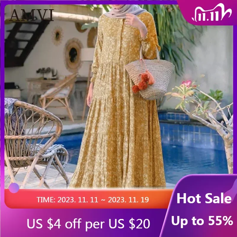 

Women Dresses Casual Loose Dress Muslim Clothing Pleated Floral Bodycon Fashion Clothes Elegant Long Skirts High Waist Dresses