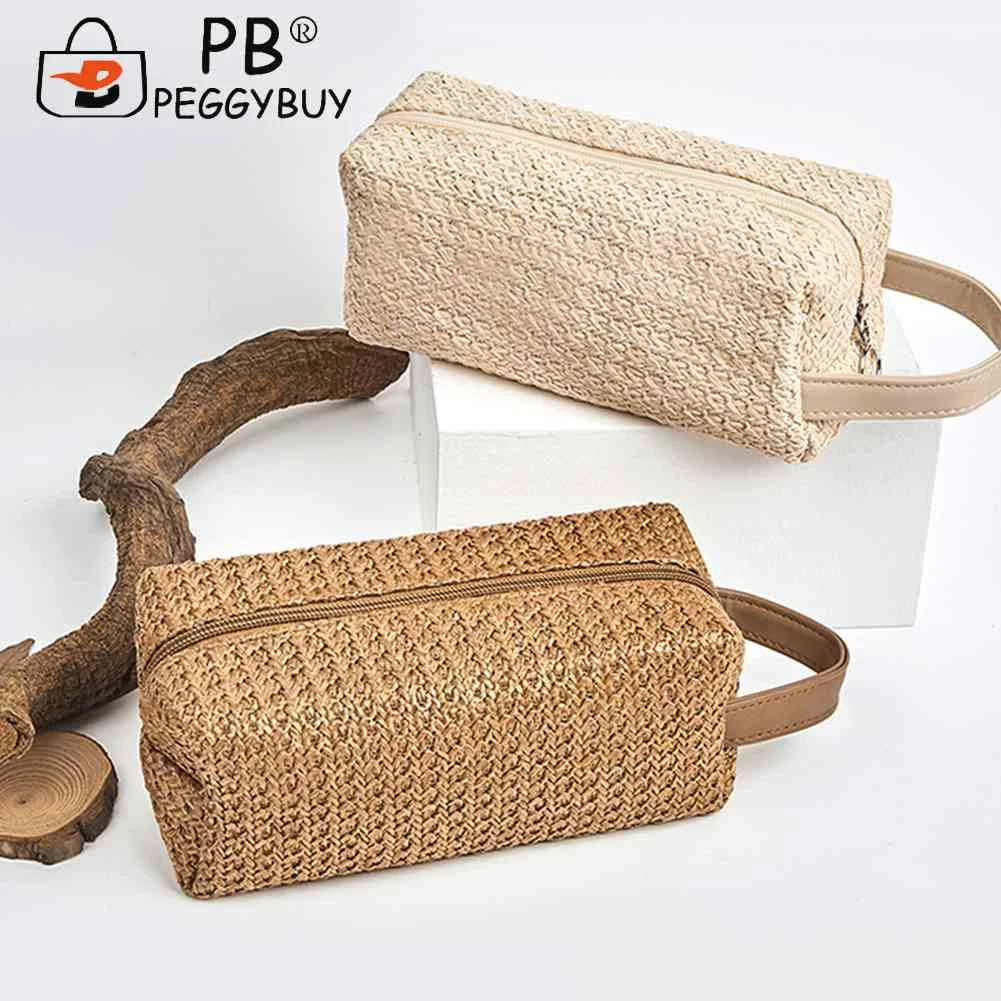 

Женская сумка для косметики с травяным плетением, многофункциональная легкая Вместительная дорожная сумка для хранения кистей для макияжа...