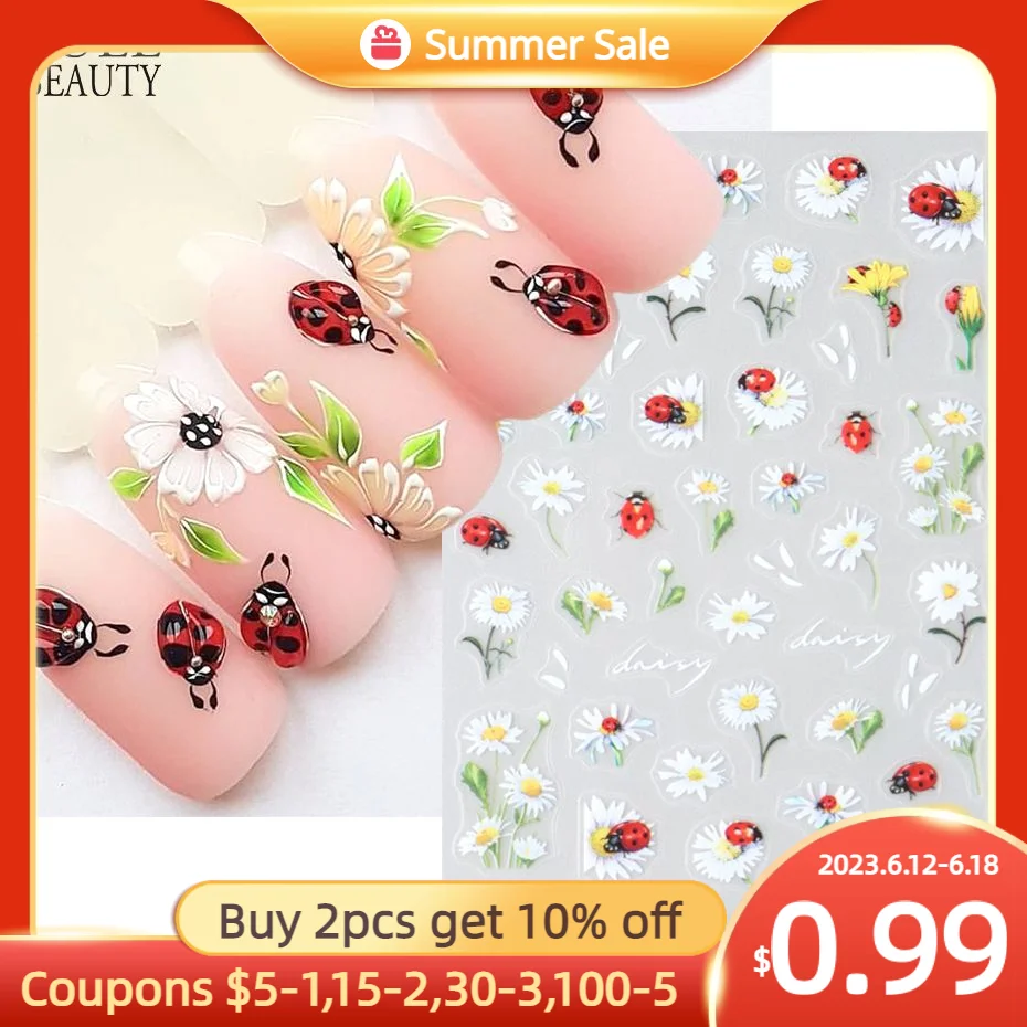 

Божья коровка наклейки для дизайна ногтей 3D летняя в виде симпатичных животных, птиц наклейка пчела листья ромашки Цветочные слайдер Маникюр украшения ногтей советы красоты