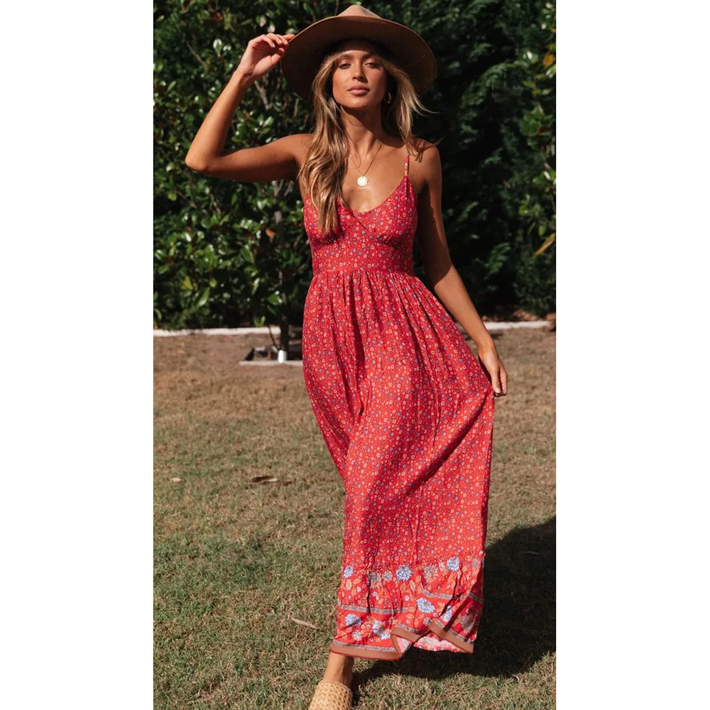 

Summer Beach Style Suspender Dresses for Women V-neck Boho Floral Printed Sundress Elegant Ladies Sleeveless Maxi Long Dress