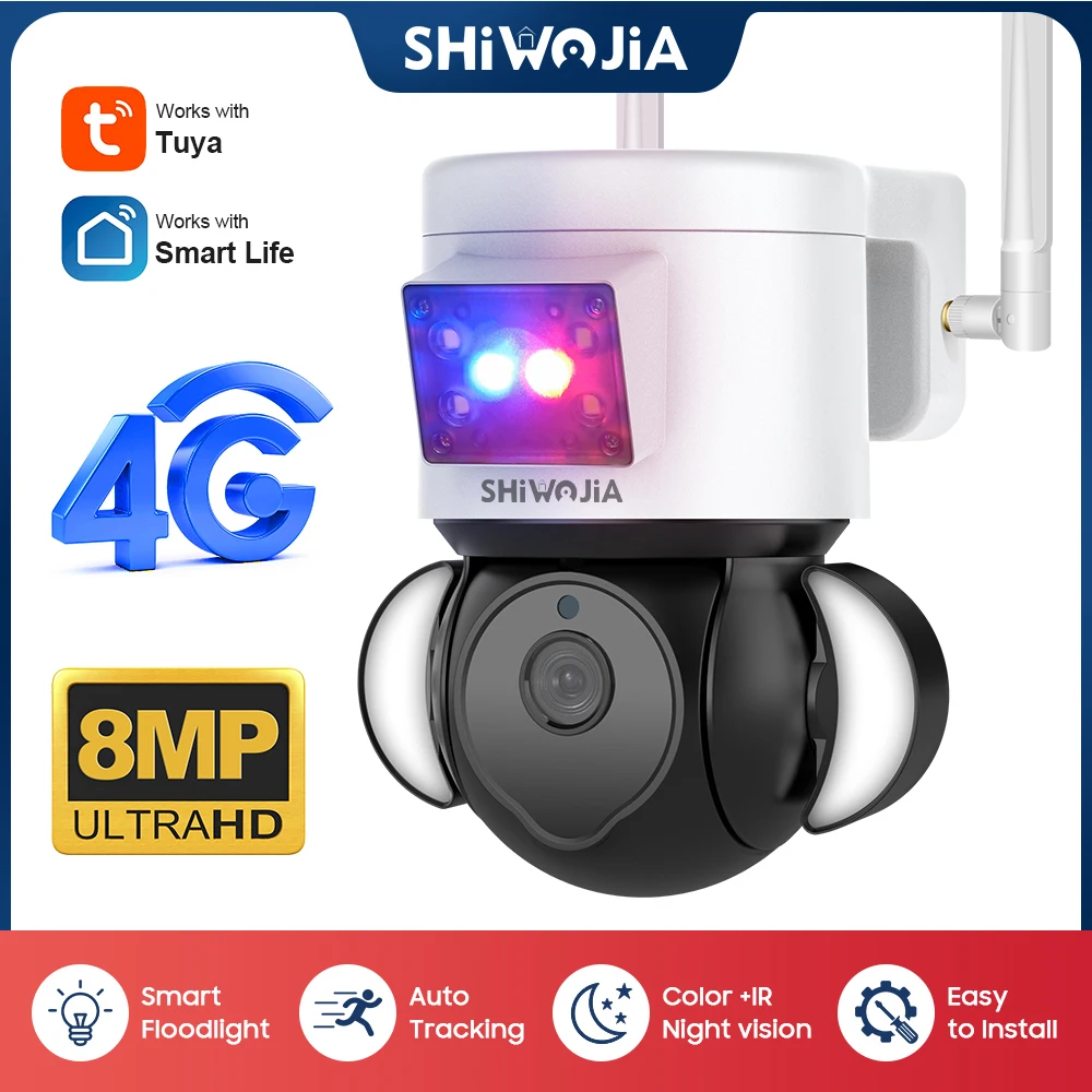 

SHIWOJIA 8MP Surveillance PTZ Camera 4G SIM Tuya Security IP Camera Outdoor with Anti-theft Siren Alarm Monitor Smart Could CCTV