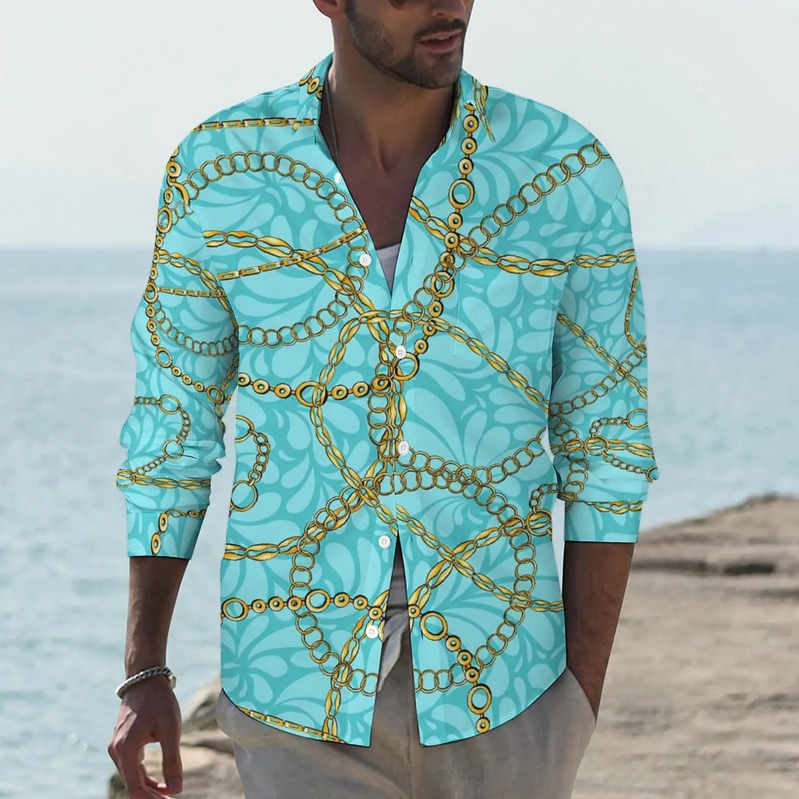 

Vintage Chain Shirt Spring Damask Print Casual Shirts Men Trendy Blouses Long Sleeve Graphic Y2K Clothing Plus Size 3XL 4XL