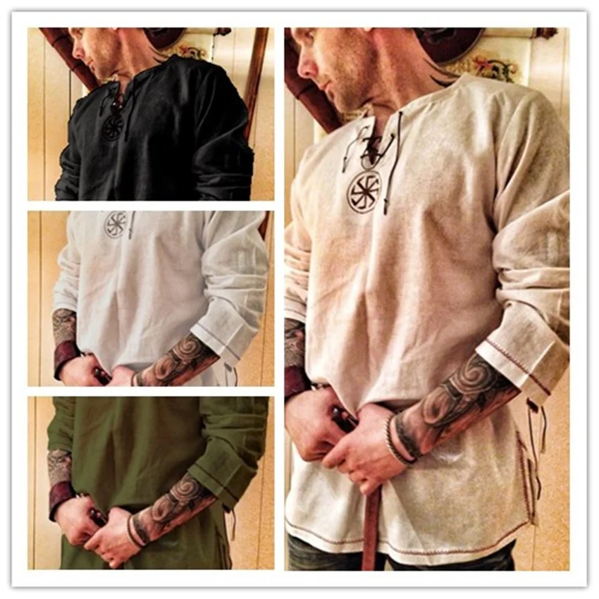 Medieval Linen Shirt Robe Viking Mens Dress Knight Renaissance Cotton Tunic Long Sleeve Shirts Tops Cosplay Costume Men Clothing