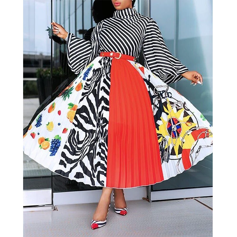 

Fashion Plus Size 3 XL Women Spring Dress Patchwork Bohemia Floral Print Female Party Dresses with Belt Wide Sleeve Lady Dresses