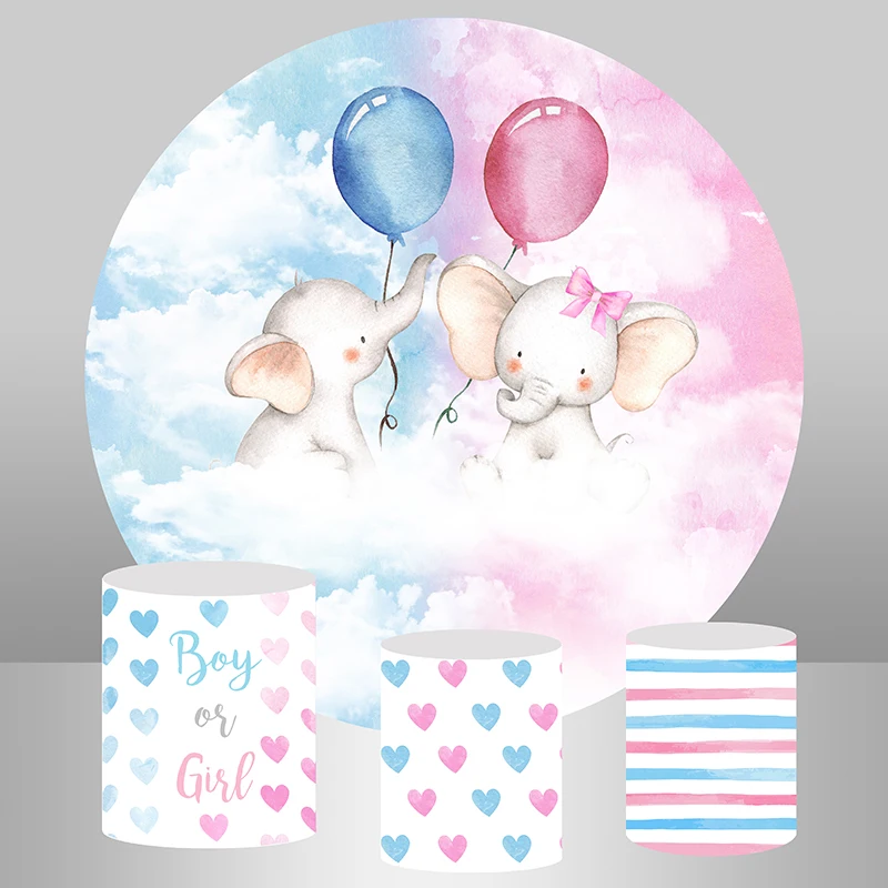 

Custom Gender Reveal Party Background for Baby Shower Kids 1st Birthday Round Backdrop Cover Watercolor Elephant Cake Banner