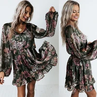 spring new european and american fashion printed v neck lantern long sleeve ruffle stitched dress for women
