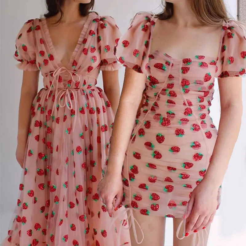 

2021 Strawberry Sequins Embroidery Puff Sleeve Bodycon Homecoming Dresses for Girls Quinceanera Vestidos Short Prom Party Frock