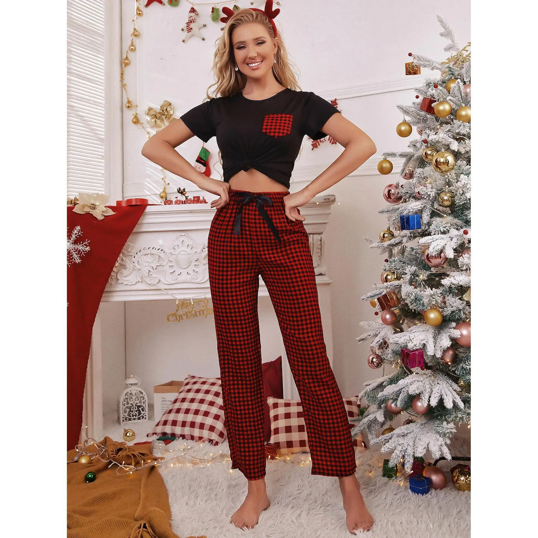 Women Girls Christmas Pajamas Lovely Sleepwear Short-Sleeve Spring WInter Pyjamas Set Plaid Dyed Round Neck Nightwear