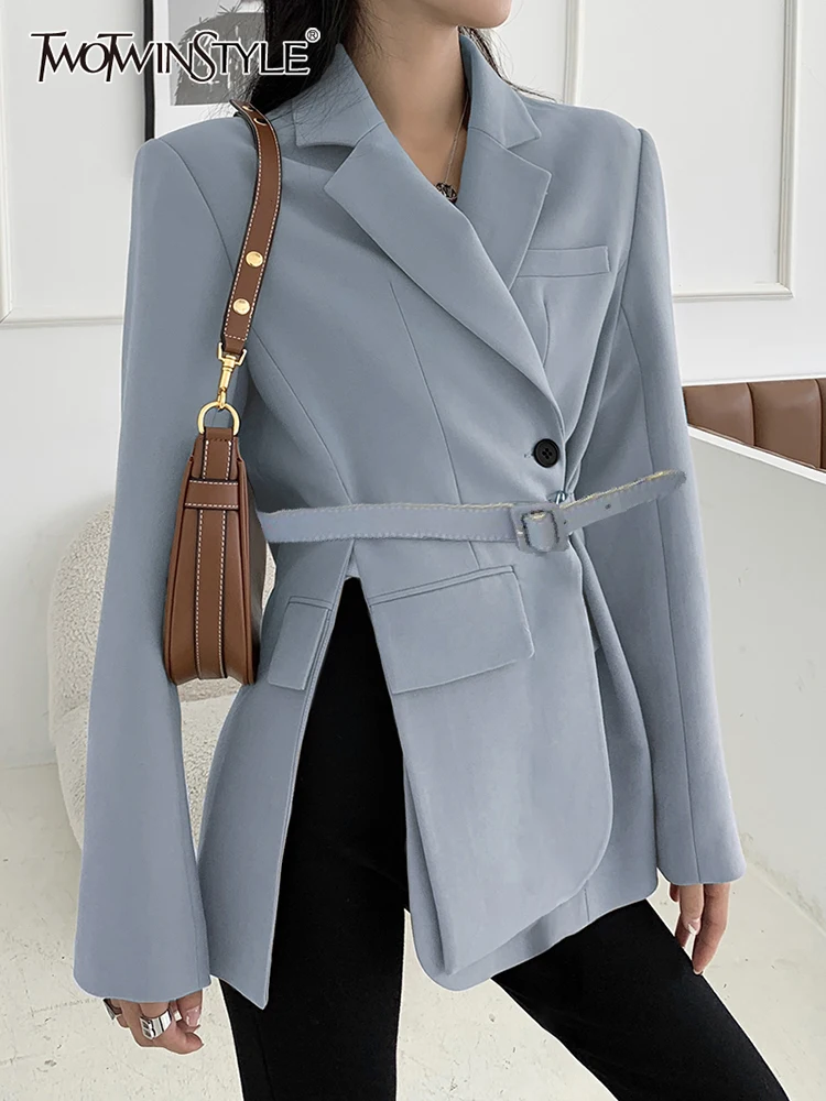 

TWOTWINSTYLE Chic Coats For Women Notched Collar Long Sleeve Single Button Patchwork Belt Split Solid Coat Female Clothing 2022