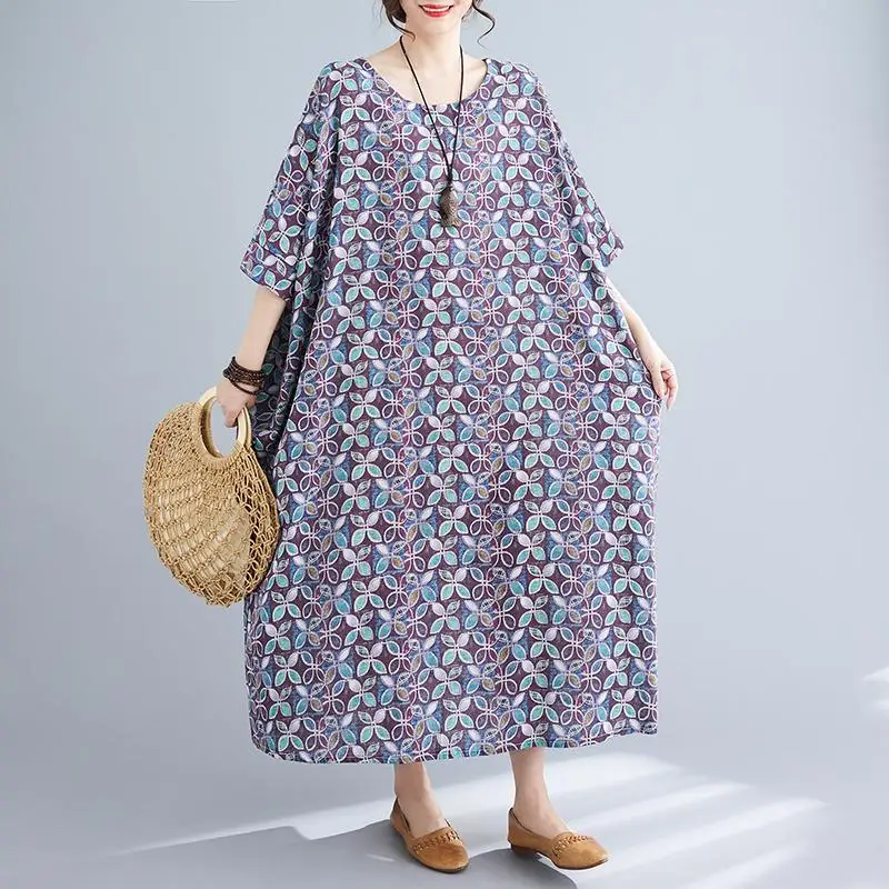 Женское льняное платье с круглым вырезом Dimanaf винтажное длинное свободного