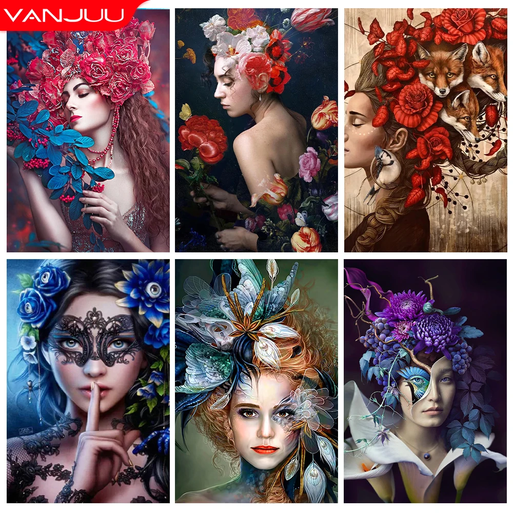 

5D DIY Woman Diamond Painting Diamond Embroidery Round Mosaic Portrait Cross Stitch Kit Floral Art Home Decor