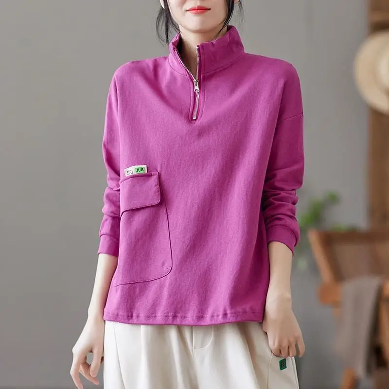 Купи Women's Clothing Autumn Zipper Stand Collar Pullovers Vintage Fashion Solid Color Pockets Spliced Loose Korean All-match Tops за 946 рублей в магазине AliExpress