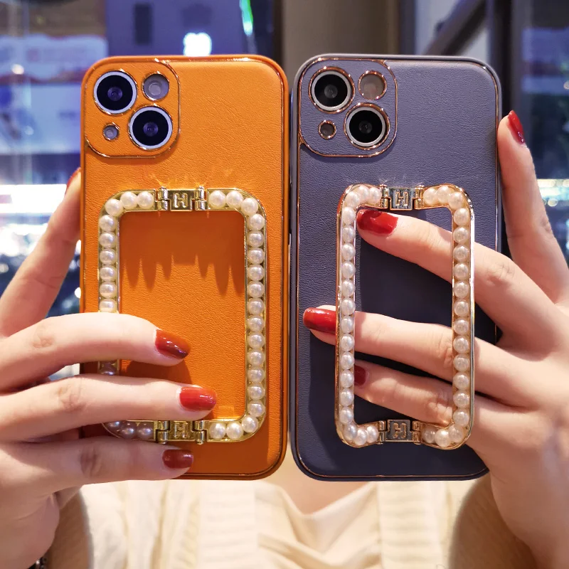 

For IPhone 11 12 13 Pro Max with Stand Phone Case Phone Cover Pearl Square Buckle Phone Case for IPhone 13 12 Pro Max Cover