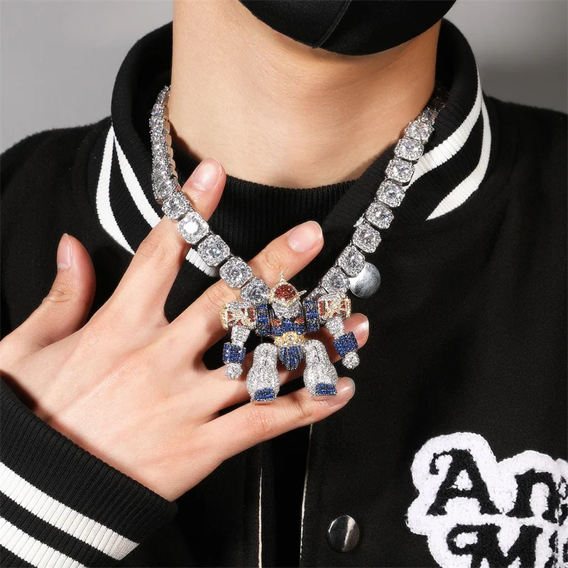 

Iced Out Crystal Anime METAMOR FORCE Pendant With Big Zircon Tennis Chain Necklaces For Men Women Fashion Cartoon Jewelry