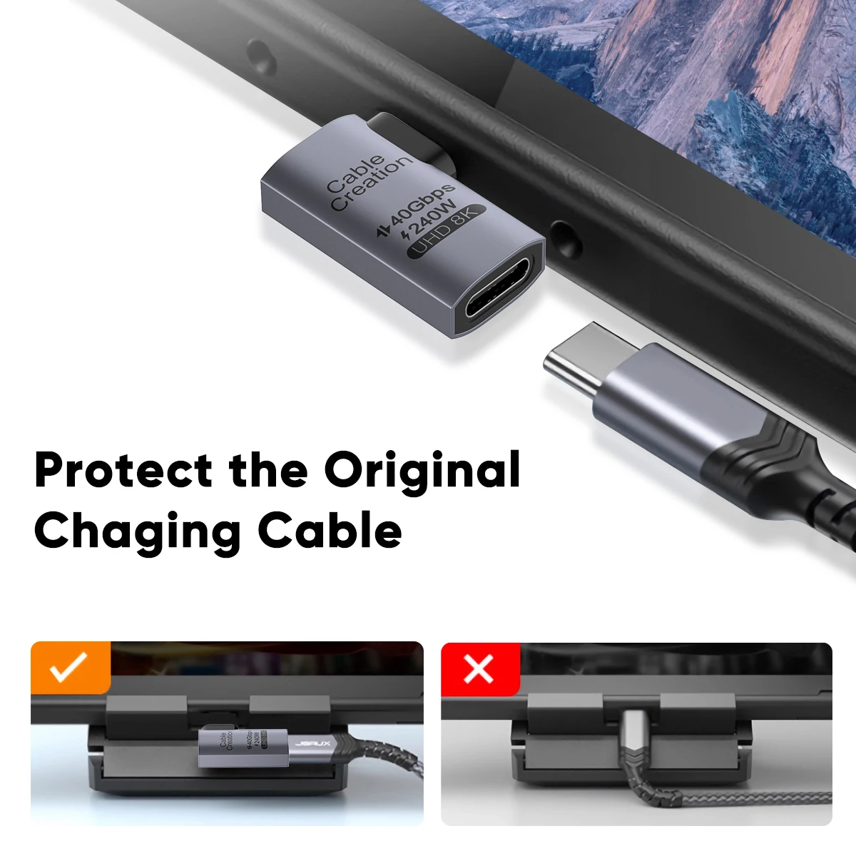 Фото CableCreation 90-градусный адаптер USB C, прямоугольный адаптер USB C «папа-мама», 40 Гбит/с, 240 Вт №3