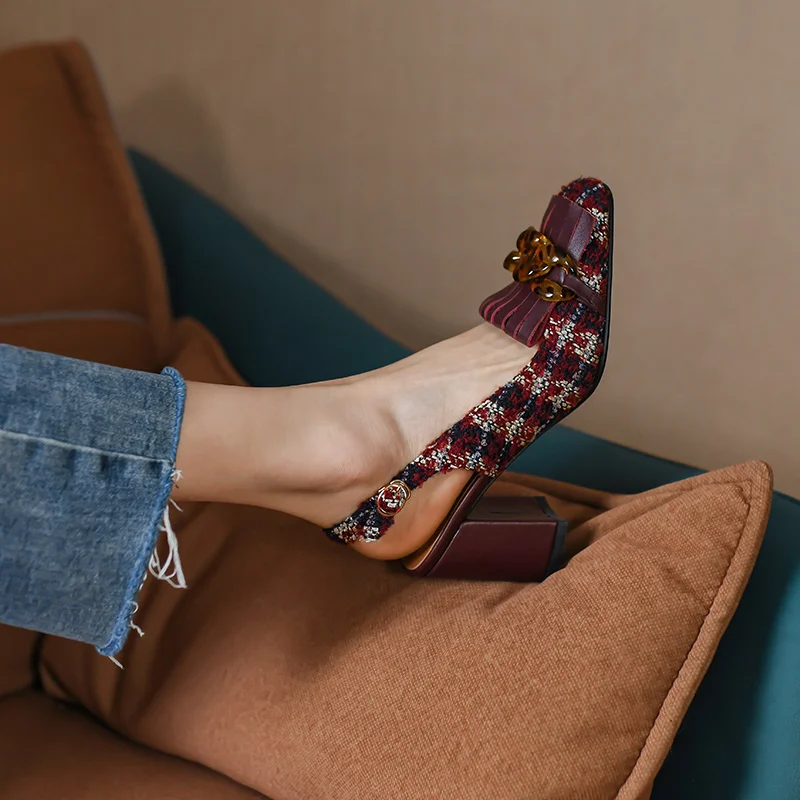 

Spring Women Pums Autum Thick Heeled Sandals Ladies Vintage Dress Prom Weave Shoes 7.5CM Square Toe Chains Pumps