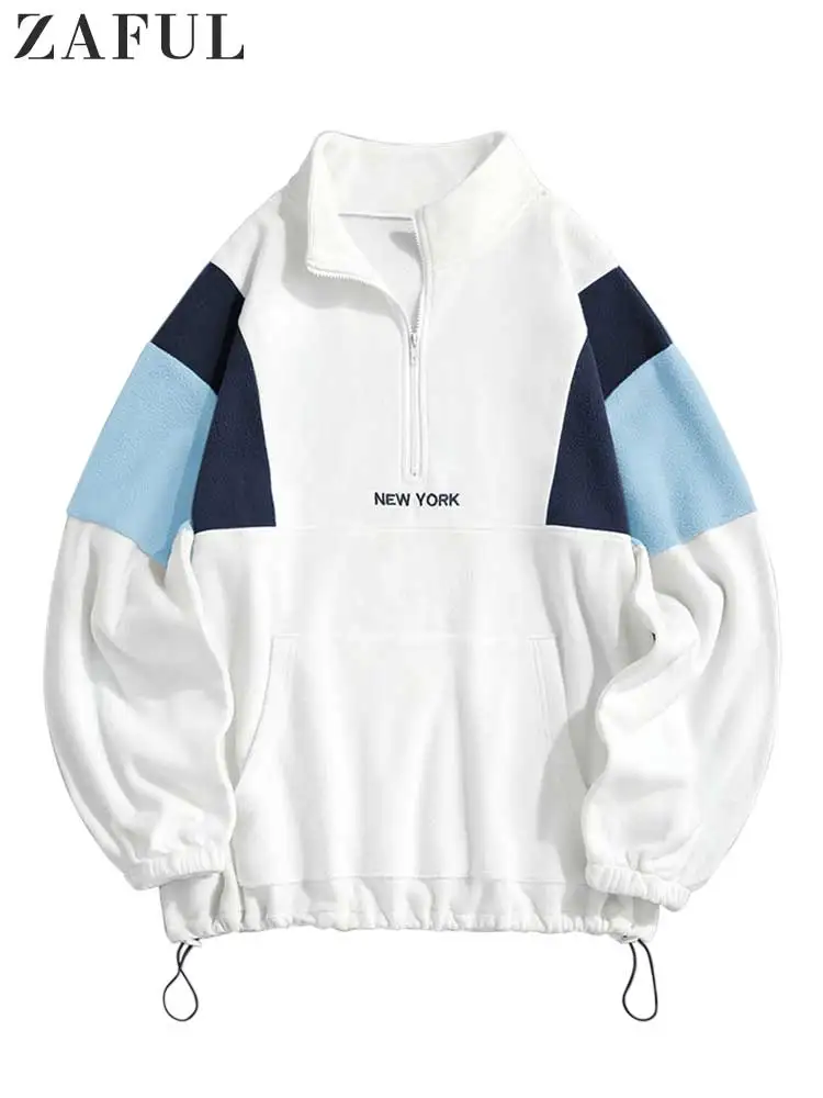 ZAFUL Hoodie for Men Fluffy Polar Fleece Sweatshirts New York Embroidery Turtleneck Hoodies Pullover Color Block Zipper Sweats
