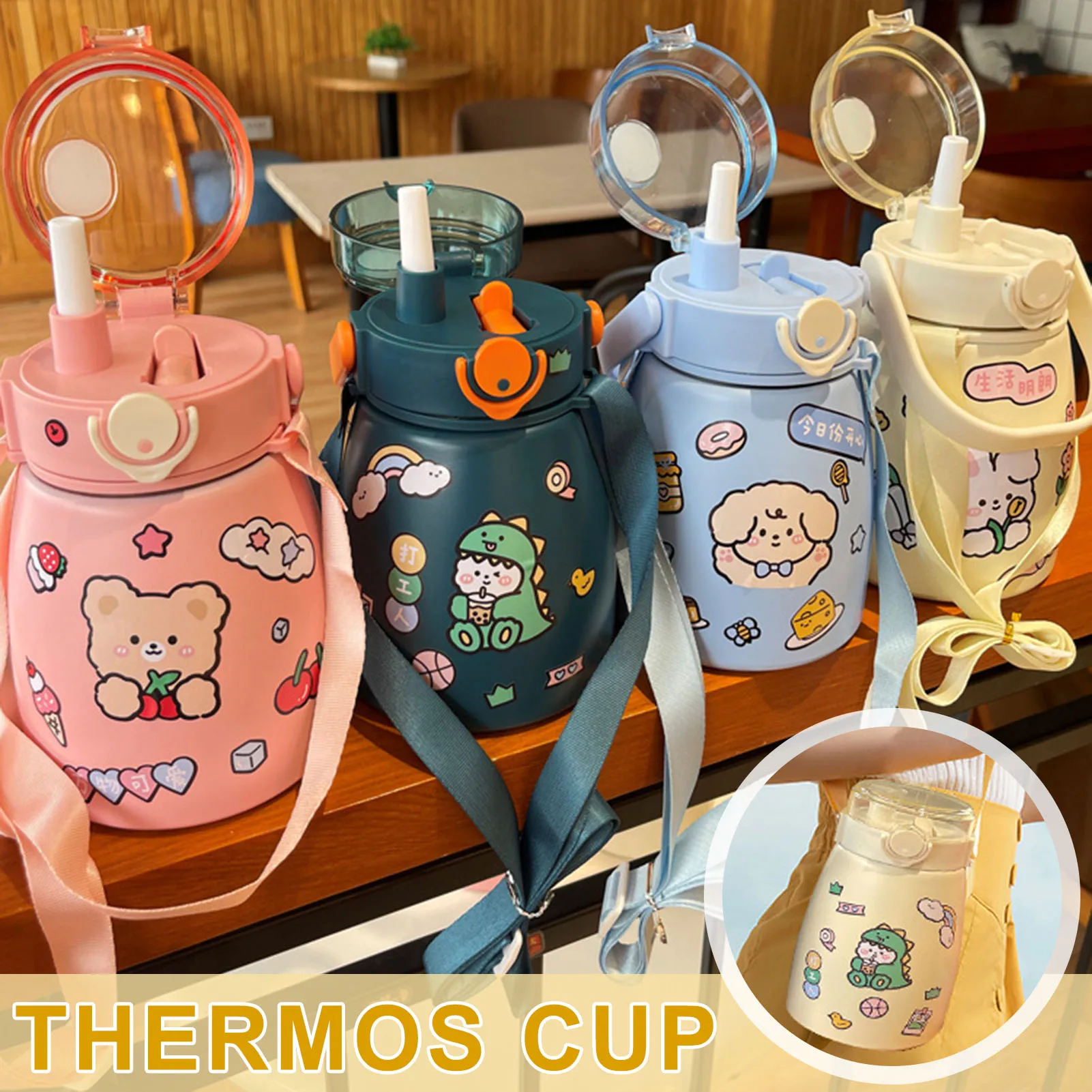 

800ml Cartoon Thermal Mug with Straw Leak-proof Stainless Steel Insulating Mug Portable Thermal Bottle SEC88