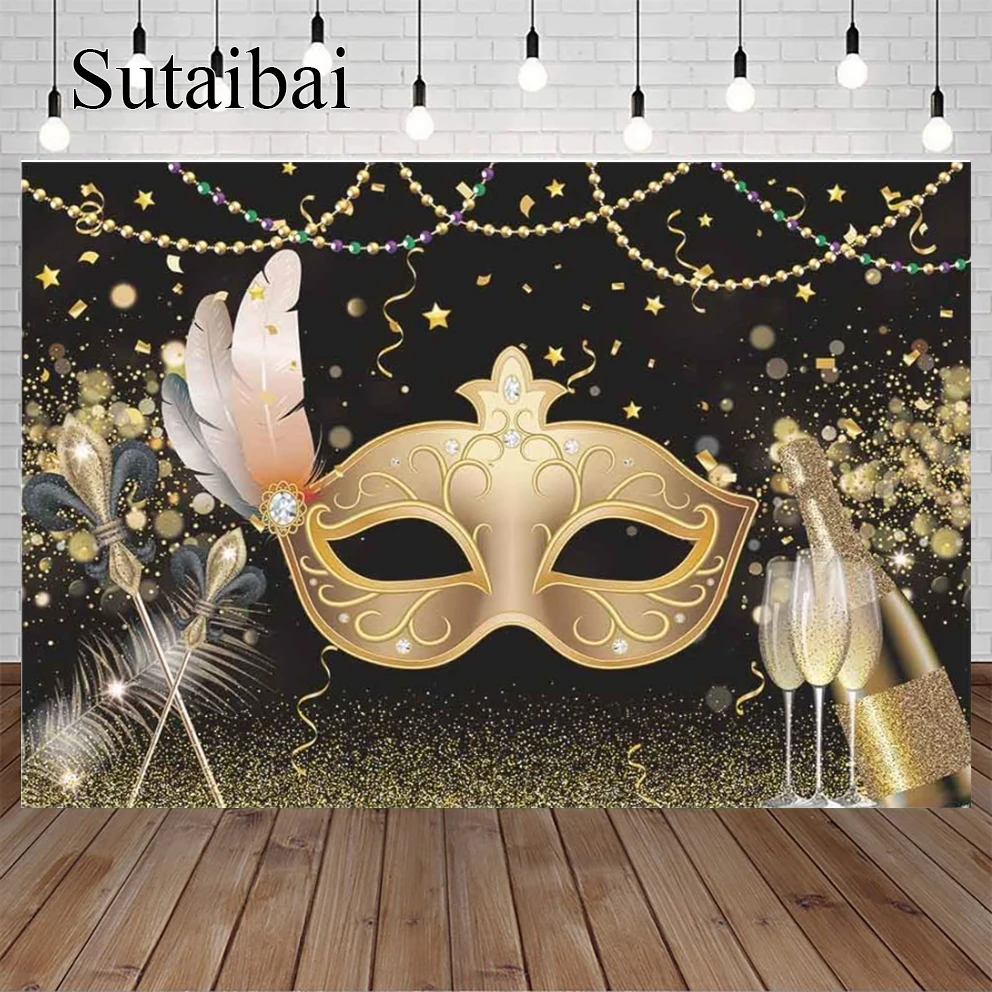 

Mardi Gras Carnival Masquerade Photography Backdrop Gold Prom Dance Dress Up Party Decoration Banner Champagne Background