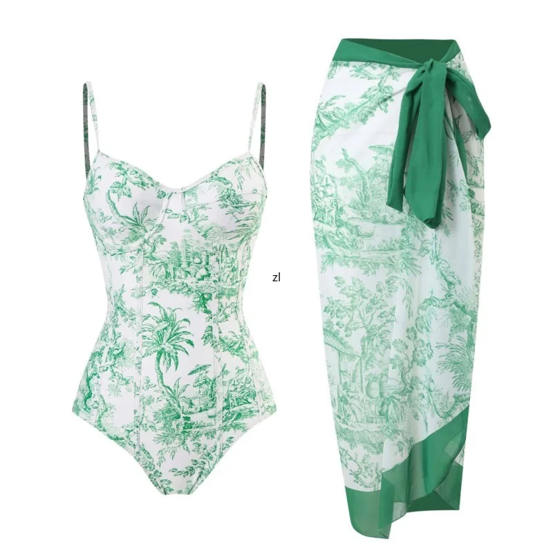 Tight Wrap Chest One Piece Swimsuit Printed Bikini Set Sexy Suspenders 2 Piece Sets Women Outfit Chiffon Beach Skirt Set Spring