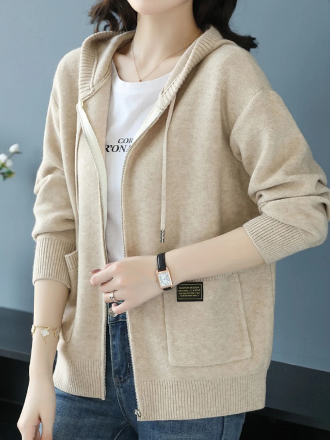 Весенне-осенний новый флисовый вязаный кардиган свитер с капюшоном женская