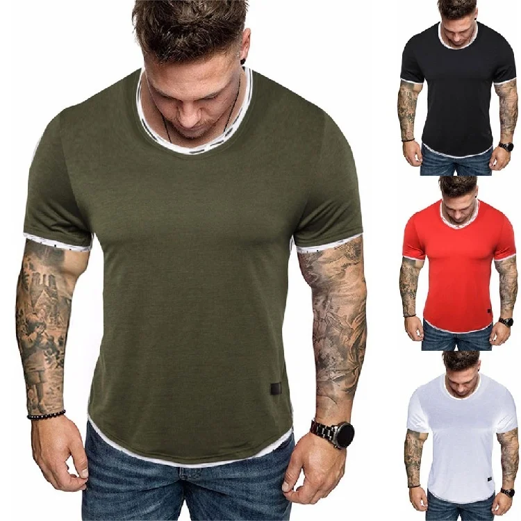 

2019 summer new fashion European color contrast t-shirt men's Casual Short Sleeve Shirt