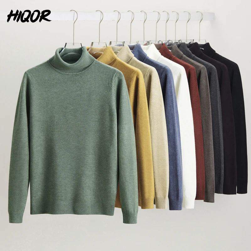 HIQOR Men Business Black Sweater 10 Colors Man 2023 Winter Harajuku Knitted Sweater High Neck Oversized Green Turtleneck For Men