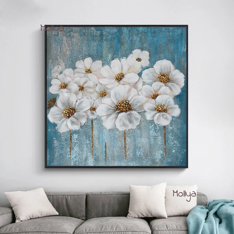 

Promotion Handpainted Modern Blue Foil Flower Oil Painting Canvas Wall Art Home Decoracion For Living Room Abstract Gifts Poster